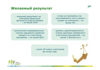 Желаемый результат

  - внешний рекрутмент на               - отсев из программы (за
      ключевые вакантные               неуспеваемость или в связи с
   должности Отдела Продаж               уходом из компании) – не
        – не более 30%                            более 5%



- выполнение индивидуальных          - уровень удовлетворенности
   планов карьерного развития          (какие критерии измерения?)
     каждого из участников              участников программой – не
   программы – не менее 80%                 менее 3 баллов из 5




                    - около 20 новых участников
                           до конца года
 