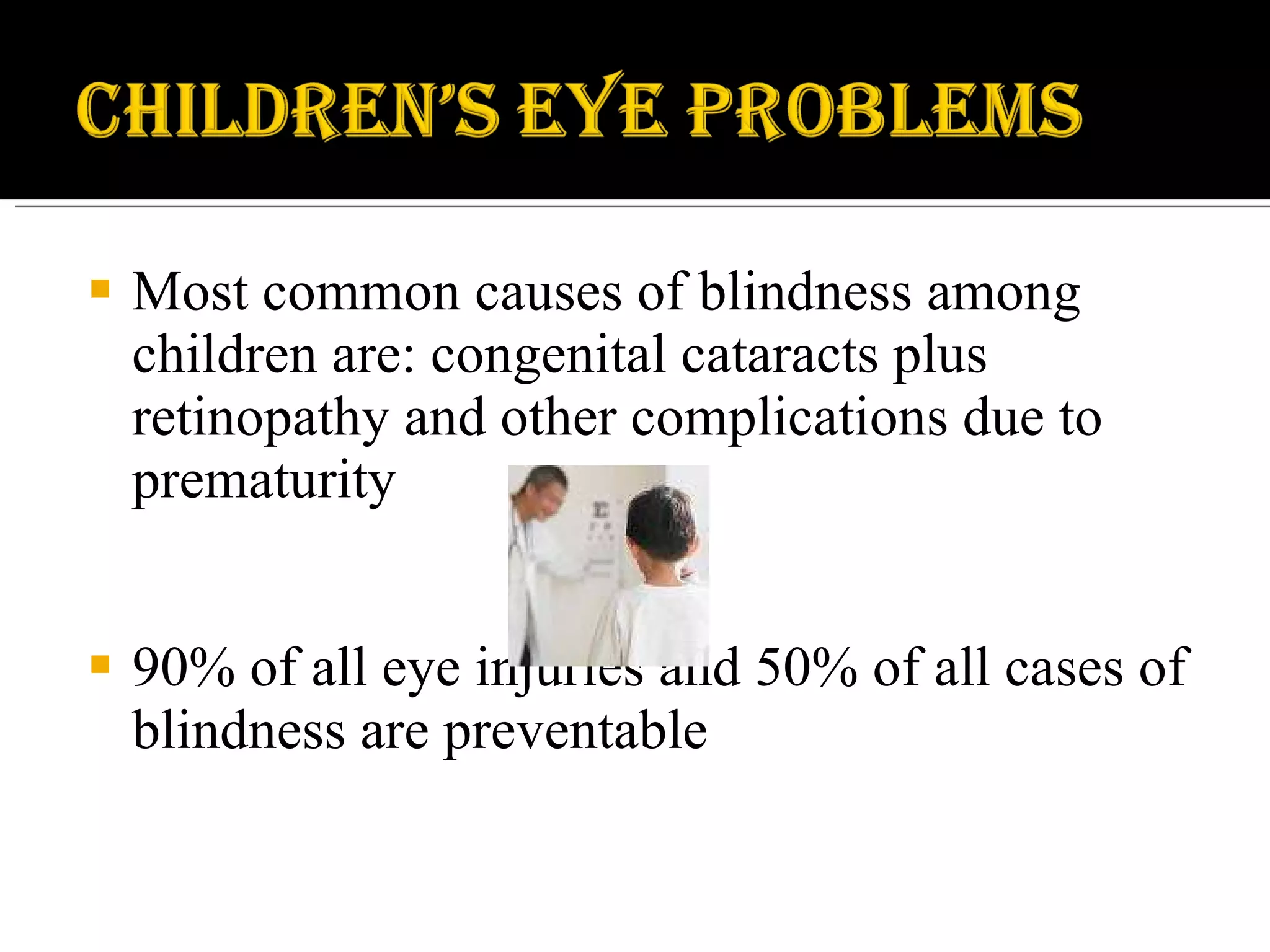 Most common causes of blindness among children are: congenital cataracts plus retinopathy and other complications due to prematurity 90% of all eye injuries and 50% of all cases of blindness are preventable 