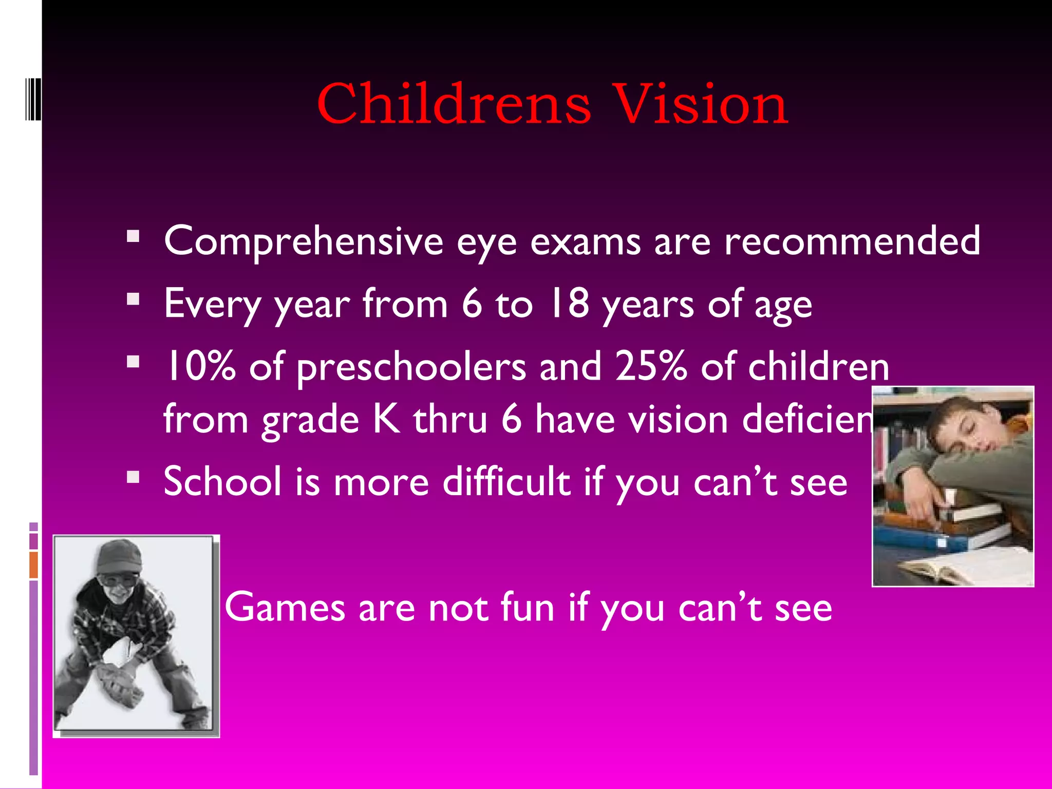 Childrens Vision Comprehensive eye exams are recommended Every year from 6 to 18 years of age 10% of preschoolers and 25% of children from grade K thru 6 have vision deficiencies School is more difficult if you can’t see Games are not fun if you can’t see 