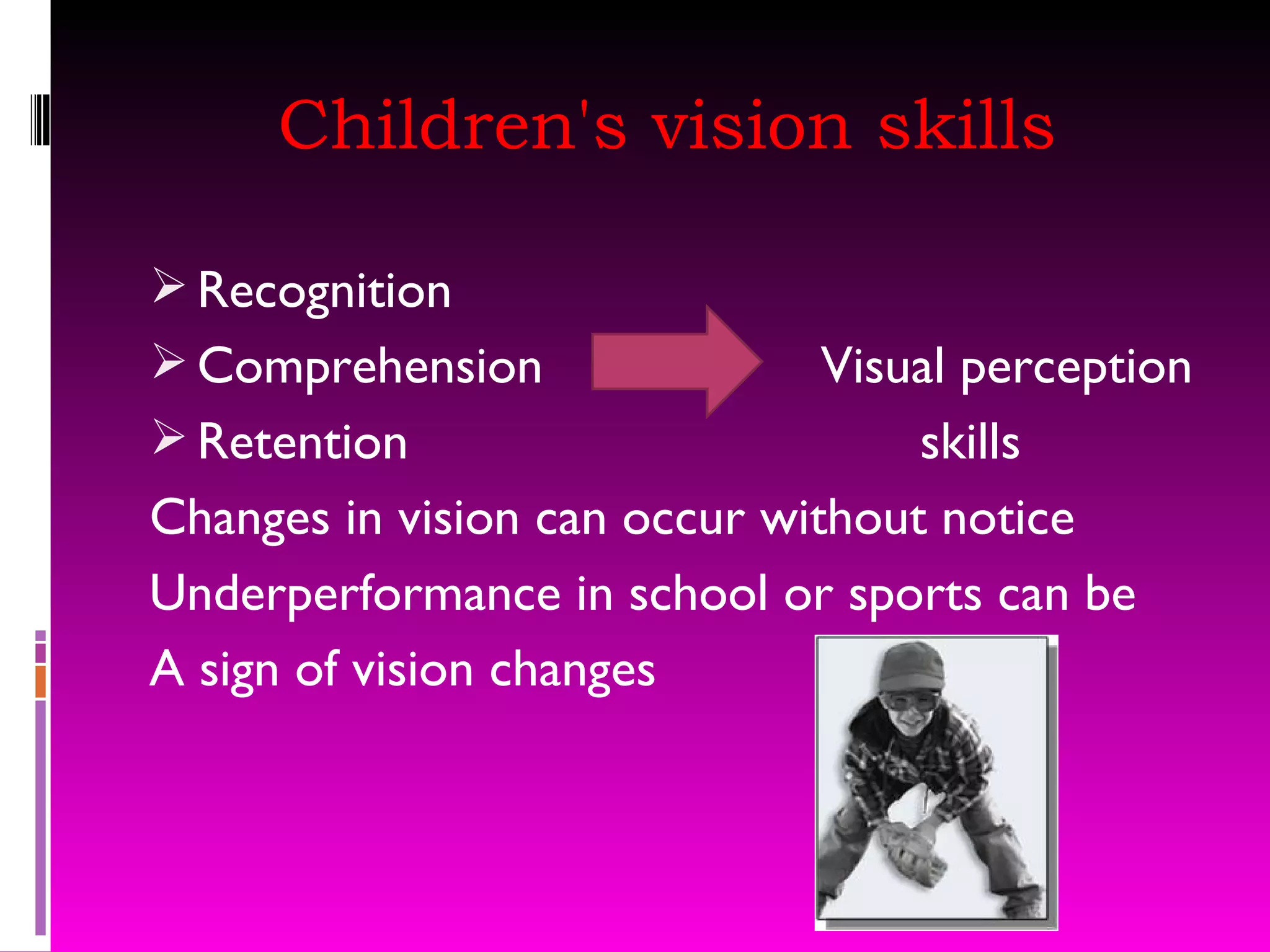 Children's vision skills Recognition Comprehension  Visual perception Retention  skills Changes in vision can occur without notice Underperformance in school or sports can be A sign of vision changes 