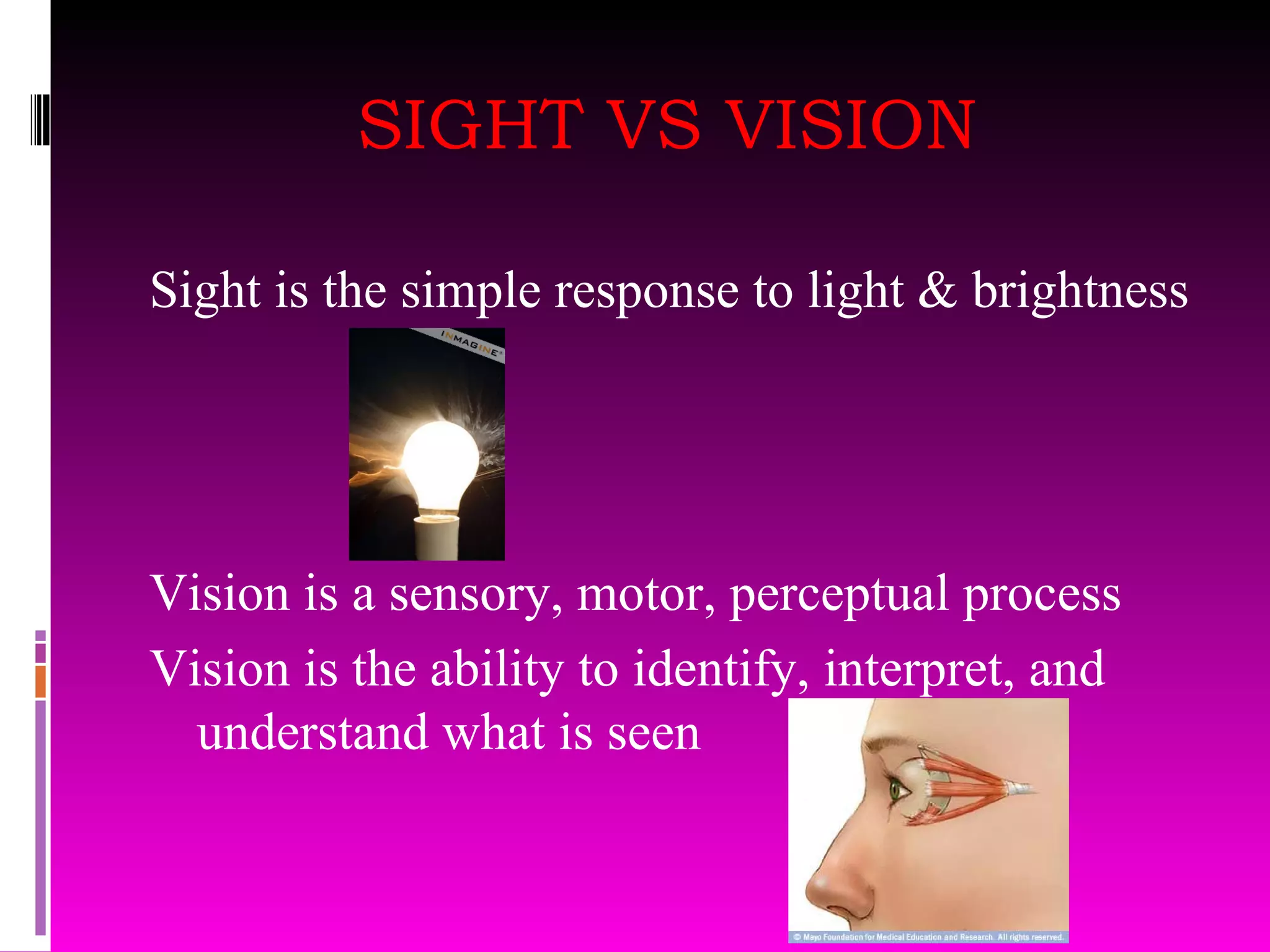 SIGHT VS VISION Sight is the simple response to light & brightness Vision is a sensory, motor, perceptual process Vision is the ability to identify, interpret, and understand what is seen 