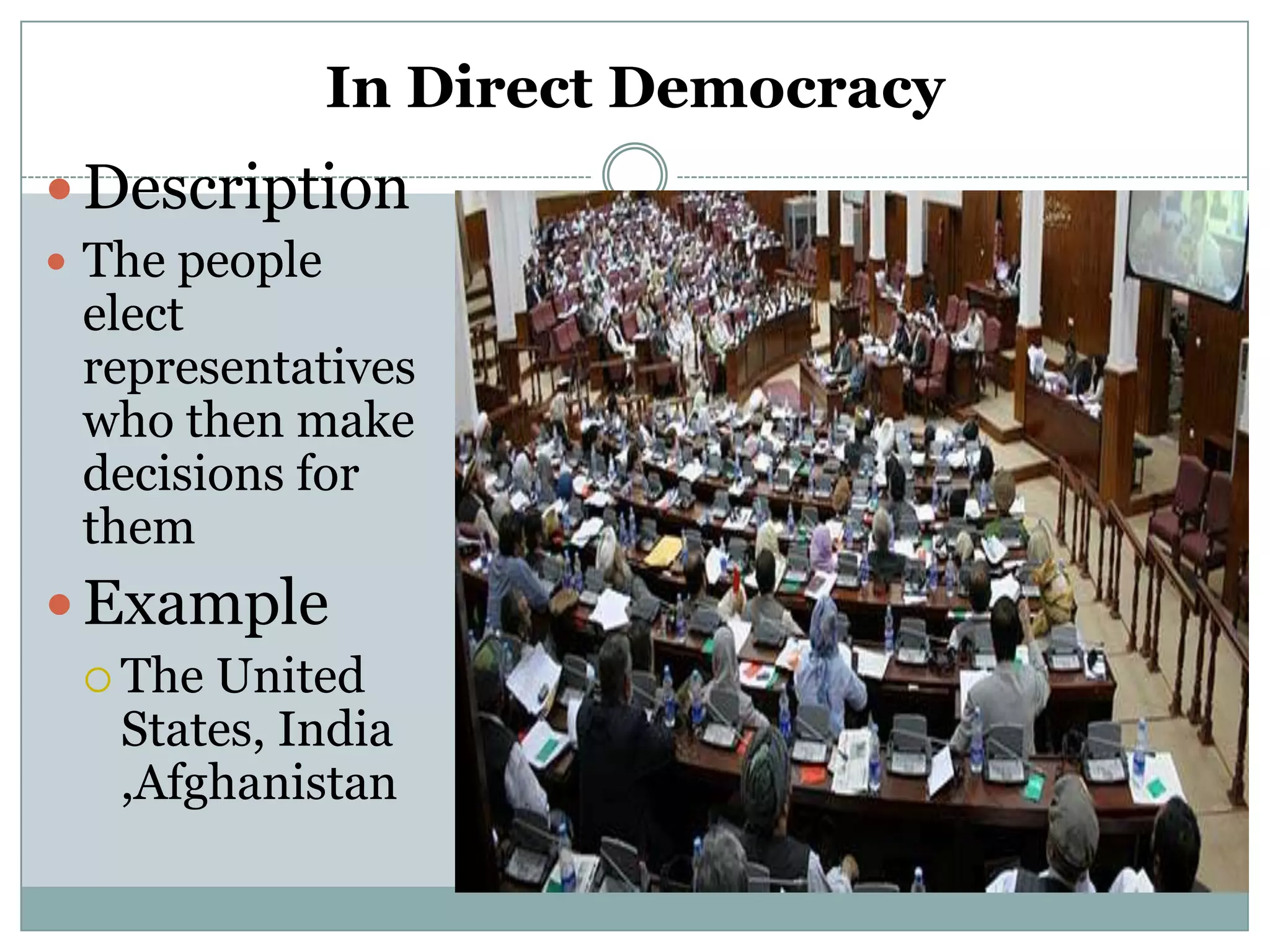 In Direct Democracy
 Description
 The people

elect
representatives
who then make
decisions for
them

 Example
 The

United
States, India
,Afghanistan

 