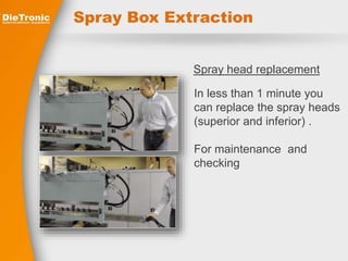 Spray Box Extraction 
Spray head replacement 
In less than 1 minute you 
can replace the spray heads 
(superior and inferior) . 
For maintenance and 
checking 
 