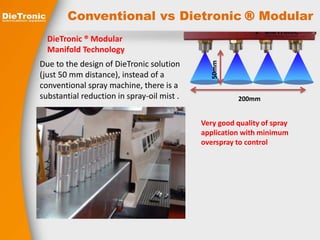 Conventional vs Dietronic ® Modular 
Due to the design of DieTronic solution 
(just 50 mm distance), instead of a 
conventional spray machine, there is a 
substantial reduction in spray-oil mist . 
Very good quality of spray 
application with minimum 
overspray to control 
DieTronic ® Modular 
Manifold Technology 
200mm 
50mm 
 