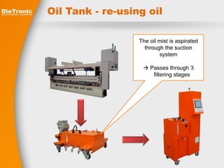 Oil Tank - re-using oil 
The oil mist is aspirated 
through the suction 
system 
 Passes through 3 
filtering stages 
 