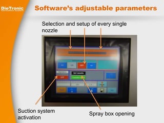 Software’s adjustable parameters 
Selection and setup of every single 
nozzle 
Suction system 
activation 
Spray box opening 
 