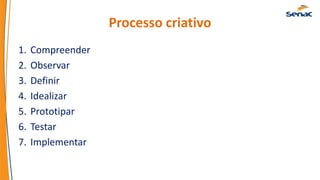 Processo criativo
1. Compreender
2. Observar
3. Definir
4. Idealizar
5. Prototipar
6. Testar
7. Implementar
 
