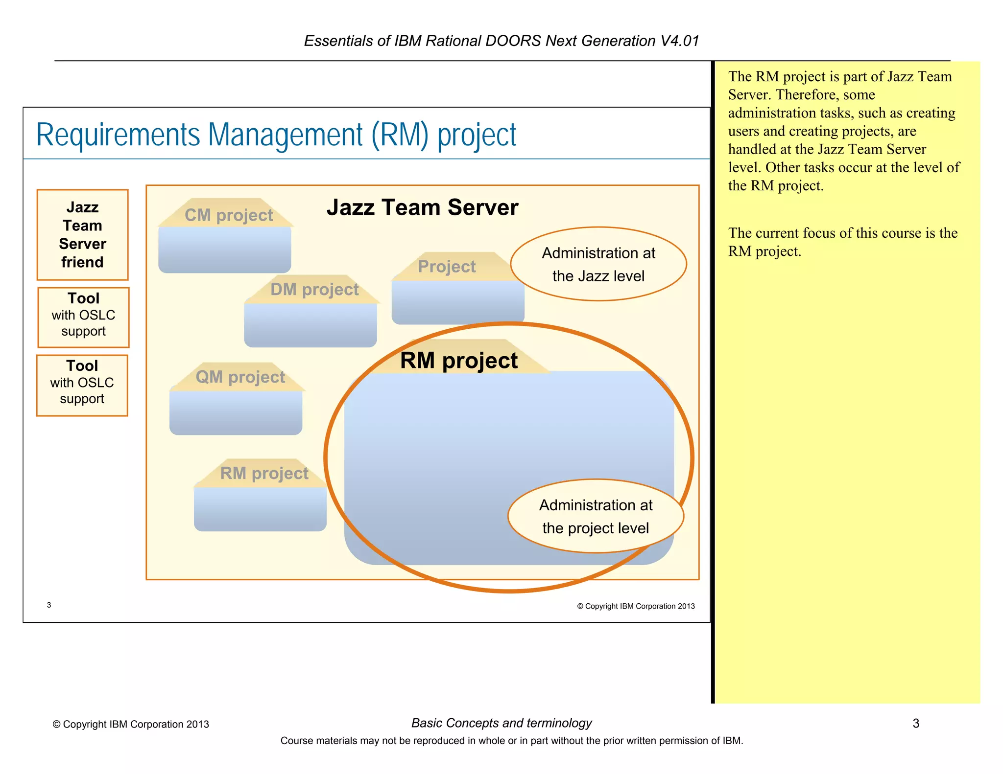 Essentials of IBM Rational DOORS Next Generation V4.01
Basic Concepts and terminology 3© Copyright IBM Corporation 2013
Course materials may not be reproduced in whole or in part without the prior written permission of IBM.
3 © Copyright IBM Corporation 2013
Jazz Team Server
Requirements Management (RM) project
RM project
QM project
RM project
DM project
Jazz
Team
Server
friend
Tool
with OSLC
support
Tool
with OSLC
support
CM project
Project
Administration at
the Jazz level
Administration at
the project level
The RM project is part of Jazz Team
Server. Therefore, some
administration tasks, such as creating
users and creating projects, are
handled at the Jazz Team Server
level. Other tasks occur at the level of
the RM project.
The current focus of this course is the
RM project.
 