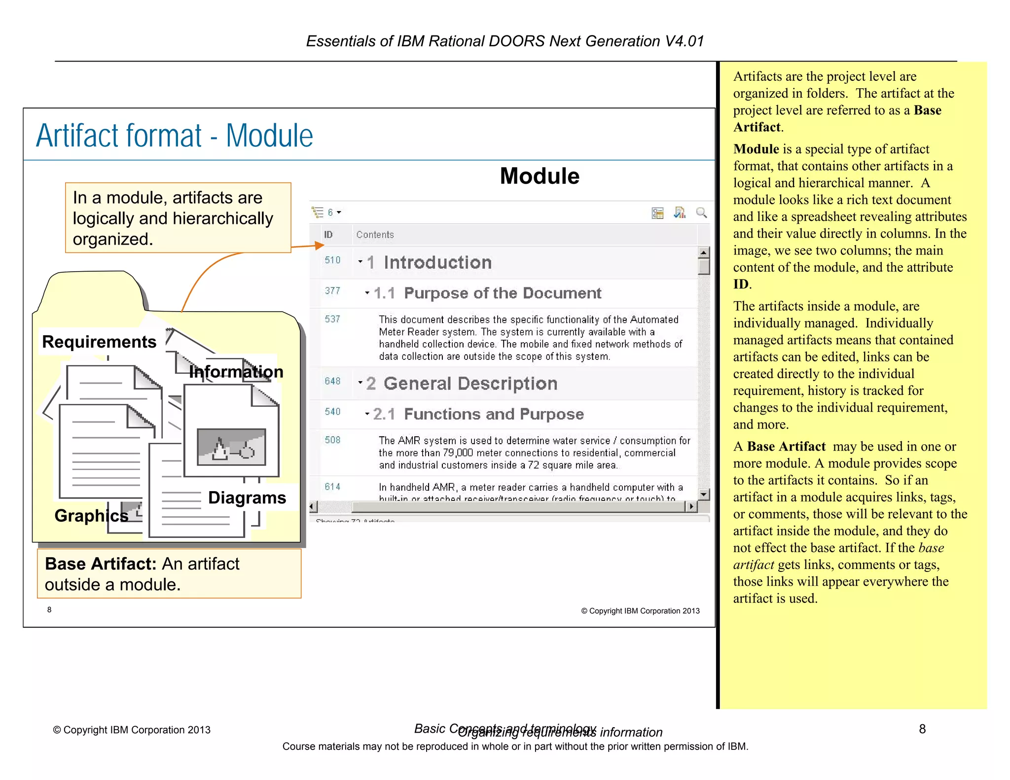 Essentials of IBM Rational DOORS Next Generation V4.01
Basic Concepts and terminology 8© Copyright IBM Corporation 2013
Course materials may not be reproduced in whole or in part without the prior written permission of IBM.
8 © Copyright IBM Corporation 2013
Artifact format - Module
Requirements
Information
Graphics
Diagrams
Module
In a module, artifacts are
logically and hierarchically
organized.
Base Artifact: An artifact
outside a module.
Artifacts are the project level are
organized in folders. The artifact at the
project level are referred to as a Base
Artifact.
Module is a special type of artifact
format, that contains other artifacts in a
logical and hierarchical manner. A
module looks like a rich text document
and like a spreadsheet revealing attributes
and their value directly in columns. In the
image, we see two columns; the main
content of the module, and the attribute
ID.
The artifacts inside a module, are
individually managed. Individually
managed artifacts means that contained
artifacts can be edited, links can be
created directly to the individual
requirement, history is tracked for
changes to the individual requirement,
and more.
A Base Artifact may be used in one or
more module. A module provides scope
to the artifacts it contains. So if an
artifact in a module acquires links, tags,
or comments, those will be relevant to the
artifact inside the module, and they do
not effect the base artifact. If the base
artifact gets links, comments or tags,
those links will appear everywhere the
artifact is used.
Organizing requirements information
 