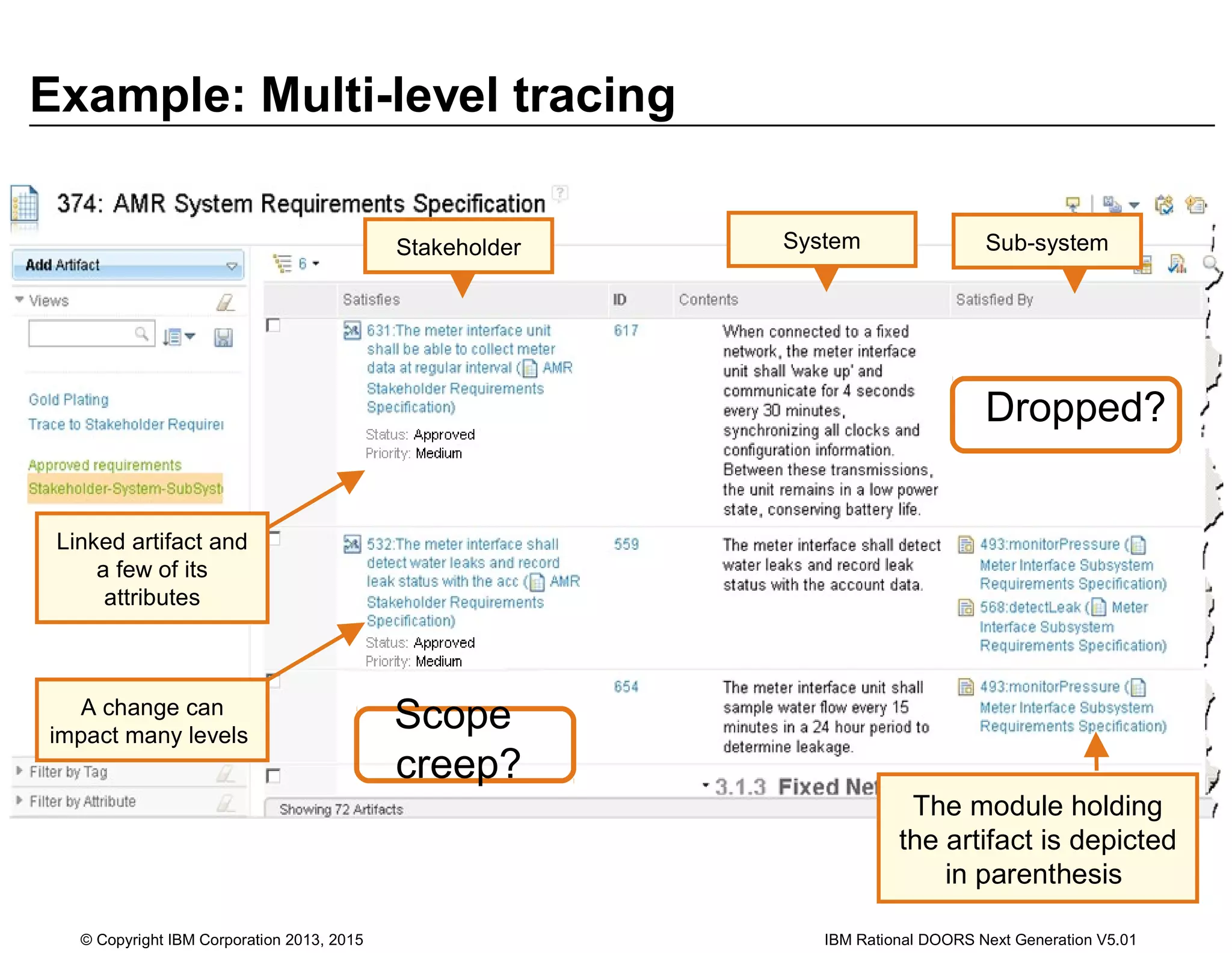 Example: Multi-level tracing
Stakeholder System Sub-system
Dropped?
Scope
creep?
Linked artifact and
a few of its
attributes
A change can
impact many levels
The module holding
the artifact is depicted
in parenthesis
© Copyright IBM Corporation 2013, 2015 IBM Rational DOORS Next Generation V5.01
 