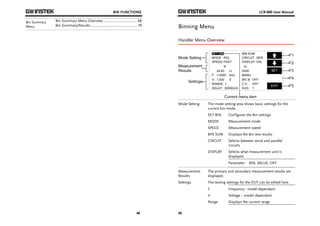 BIN FUNCTIONS 
49 
Bin Summary 
Menu 
Bin Summary Menu Overview ................................... 68 
Bin Summary/Results ................................................. 70 
LCR-800 User Manual 
Binning Menu 
Handler Menu Overview 
Mode Setting The mode setting area shows basic settings for the 
50 
current bin mode. 
SET BIN Configures the Bin settings 
MODE Measurement mode 
SPEED Measurement speed 
BIN SUM Displays the Bin test results 
CIRCUIT Selects between serial and parallel 
circuits 
DISPLAY Selects what measurement unit is 
displayed. 
Parameter BIN, VALUE, OFF 
Measurement 
Results 
The primary and secondary measurement results are 
displayed. 
Settings The testing settings for the DUT can be edited here. 
F Frequency - model dependant 
V Voltage – model dependant 
Range Displays the current range 
 