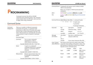 PROGRAMMING 
87 
PROGRAMMING 
Command overview lists all the LCR-800 
commands and command queries. The command 
syntax section shows you the basic rules you have 
to apply when using commands. 
Command Syntax 
Command 
Background 
There are a number of different instrument 
commands and queries. A command sends 
instructions or data to the LCR meter and a query 
receives data or status information from the LCR 
meter. Measurements are automatically sent when 
a measurement is made in manual or automatic 
mode. 
Command Types 
Command Two or more commands 
separated by a colon (:) 
with/without a parameter 
Example MEMO:STOR 100.<^END^M> 
Query A query is a compound 
command followed by a question 
mark (?). A parameter (data) is 
returned. 
Example SORT:NOMV?<^END^M> 
Measurement Returns measurement data. Can 
be manually or automatically 
updated. 
Example MAIN:PRIM 32.705<^END> 
LCR-800 User Manual 
Command forms Commands and queries can be written in either 
88 
ASCII or hexadecimal. 
Below are examples of ASCII and hexadecimal 
commands 
ASCII SORT:NOMV +32.0000< ^END^M> or <^J^M> 
Hex 53 4F 52 54 3A 4E 4F 4D 56 20 2B 33 32 2E 30 30 30 30 
0A 0D 
Command format 
1: command header 
2: single space 
3: parameter 
4: message terminator 
Parameter Type Description Example 
<string> Character string SLOW 
<NR1> Integers 0, 1, 2, 3 
<variable> number data 0.1, 3.14, 8.5 
Message 
terminators 
<NL^END> 
Or 
<NL^J> 
New line or ASCII line feed 
character (HEX 0A) 
<CR^M> Carry return character (Hex 0D) 
Input | Output 
value differences 
The format of the input and output values differ 
somewhat when dealing with positive values. The 
total amount of characters used for each variable 
depends on the command/query. 
Number ASCII HEX 
Input 1.0000 +1.0000 2B 31 2E 30 
30 30 30 
Output 1.0000 sp1.0000 20 31 2E 30 
30 30 30 
Input -1.0000 -1.0000 2D 31 2E 30 
30 30 30 
 