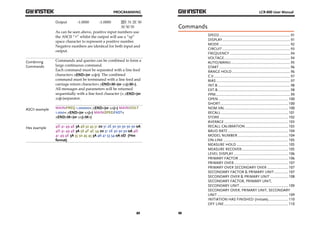 PROGRAMMING 
Output -1.0000 -1.0000 2D 31 2E 30 
89 
30 30 35 
As can be seen above, positive input numbers use 
the ASCII “+” whilst the output will use a “sp” 
space character to represent a positive number. 
Negative numbers are identical for both input and 
output. 
Combining 
Commands 
Commands and queries can be combined to form a 
large continuous command. 
Each command must be separated with a line feed 
character< ^END>(or <^J>). The combined 
command must be terminated with a line feed and 
carriage return character< ^END^M>(or <^J^M>). 
All messages and parameters will be returned 
sequentially with a line feed character (< ^END>(or 
<^J>)separator. 
ASCII example 
MAIN:FREQ 1.00000< ^END>(or <^J>) MAIN:VOLT 
1.000< ^END>(or <^J>) MAIN:SPEE:FAST< 
^END^M>(or <^J^M>) 
Hex example 4D 41 49 4E 3A 46 52 45 51 20 31 2E 30 30 30 30 30 0A 
4D 41 49 4E 3A 56 4F 4C 54 20 31 2E 30 30 30 0A 4D 
41 49 4E 3A 55 50 45 45 3A 46 41 53 54 0A 0D (Hex 
format) 
LCR-800 User Manual 
Commands 
90 
SPEED .......................................................................... 91 
DISPLAY ....................................................................... 91 
MODE .......................................................................... 92 
CIRCUIT ....................................................................... 93 
FREQUENCY ............................................................... 94 
VOLTAGE ..................................................................... 94 
AUTO/MANU .............................................................. 95 
START .......................................................................... 96 
RANGE HOLD ............................................................. 96 
C.V ................................................................................ 97 
BIAS ............................................................................. 97 
INT.B ............................................................................ 98 
EXT.B ............................................................................ 98 
PPM .............................................................................. 99 
OPEN ......................................................................... 100 
SHORT ....................................................................... 100 
NOM.VAL .................................................................. 100 
RECALL ...................................................................... 101 
STORE ........................................................................ 102 
AVERAGE ................................................................... 103 
RECALL CALIBRATION ............................................. 103 
BAUD RATE ............................................................... 104 
MODEL NUMBER ..................................................... 104 
ON-LINE .................................................................... 105 
MEASURE HOLD ...................................................... 105 
MEASURE RECOVER................................................. 105 
LEVEL DISPLAY ......................................................... 106 
PRIMARY FACTOR .................................................... 106 
PRIMARY OVER ......................................................... 107 
PRIMARY OVER SECONDARY OVER ...................... 107 
SECONDARY FACTOR & PRIMARY UNIT ............... 107 
SECONDARY OVER & PRIMARY UNIT ................... 108 
SECONDARY FACTOR, PRIMARY UNIT, 
SECONDARY UNIT ................................................... 109 
SECONDARY OVER, PRIMARY UNIT, SECONDARY 
UNIT .......................................................................... 109 
INITIATION HAS FINISHED (Initiate)..................... 110 
OFF LINE ................................................................... 110 
 