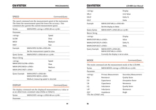 PROGRAMMING 
SPEED Command/Query 
The speed command sets the measurement speed of the instrument. 
The faster the measurement speed the lower the accuracy. This 
command also queries the current measurement speed. 
Syntax MAIN:SPEE:<string><^END^M>or<^J^M> 
Parameter 
<string> Speed 
SLOW Slow 
MEDI Medium 
FAST Fast 
Example MAIN:SPEE:SLOW<^END^M> 
91 
Set the measurement speed to slow. 
Query Syntax MAIN:SPEE?<^END^M>or<^J^M> 
Return String 
<string> Speed 
MAIN:SPEE:SLOW<^END> Slow 
MAIN:SPEE:MEDI<^END> Medium 
MAIN:SPEE:FAST<^END> Fast 
Query Example MAIN:SPEE?<^END^M> 
MAIN:SPEE:MEDI<^END> 
Medium measuring speed is returned. 
DISPLAY Command/Query 
The display command sets the displayed measurement as a value or 
as an offset from a nominal value (Delta or Delta%) 
Syntax MAIN:DISP:<string><^END^M>or<^J^M> 
Parameter 
LCR-800 User Manual 
<string> Display 
VALU Unit Value 
DELP Delta % 
DELT Delta 
Example MAIN:DISP:VALU<^END^M> 
92 
Set the display to Value 
Query Syntax MAIN:DISP?<^END^M>or<^J^M> 
Return String 
<string> Display 
MAIN:DISP:VALU<^END> Value 
MAIN:DISP:DELP<^END> Delta % 
MAIN:DISP:DELT<^END> Delta 
Query Example MAIN:DISP?<^END^M> 
MAIN:DISP:VALU<^END> 
Currently the display is set at value. 
MODE Command/Query 
The mode command sets the measurement mode of the LCR-800. 
Syntax MAIN:MODE:<string><^END^M>or<^J^M> 
Parameter 
<string> Primary Measurement Secondary Measurement 
RQ Resistance Quality factor 
CD Capacitance Dissipation factor 
CR Capacitance Resistance 
LQ Inductance Quality factor 
LR* Inductance Resistance 
ZQ* Impedance Angle 
*For the LCR-821 only 
 