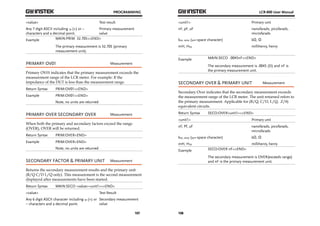 PROGRAMMING 
107 
<value> Test result 
Any 7 digit ASCII including sp (+) or – 
characters and a decimal point. 
Primary measurement 
value 
Example MAIN:PRIM 32.705<^END> 
The primary measurement is 32.705 (primary 
measurement unit). 
PRIMARY OV01 Measurement 
Primary OV01 indicates that the primary measurement exceeds the 
measurement range of the LCR meter. For example: If the 
impedance of the DUT is less than the measurement range. 
Return Syntax PRIM:OV01<^END> 
Example PRIM:OV01<^END> 
Note, no units are returned 
PRIMARY OVER SECONDARY OVER Measurement 
When both the primary and secondary factors exceed the range 
(OVER), OVER will be returned. 
Return Syntax PRIM:OVER<END> 
Example PRIM:OVER<END> 
Note, no units are returned 
SECONDARY FACTOR & PRIMARY UNIT Measurement 
Returns the secondary measurement results and the primary unit 
(R/Q C/D L/Q only). This measurement is the second measurement 
displayed after measurements have been started. 
Return Syntax MAIN:SECO <value><unit1><^END> 
<value> Test Result 
Any 6 digit ASCII character including sp (+) or 
Secondary measurement 
– characters and a decimal point. 
value 
LCR-800 User Manual 
<unit1> Primary unit 
nF, pF, uF nanofarads, picofarads, 
108 
microfarads 
ksp, spsp (sp= space character) kΩ, Ω 
mH, Hsp millihenry, henry 
Example MAIN:SECO .0045nF<^END> 
The secondary measurement is .0045 (D) and nF is 
the primary measurement unit. 
SECONDARY OVER & PRIMARY UNIT Measurement 
Secondary Over indicates that the secondary measurement exceeds 
the measurement range of the LCR meter. The unit returned refers to 
the primary measurement. Applicable for (R/Q, C/D, L/Q, Z/θ) 
equivalent circuits. 
Return Syntax SECO:OVER<unit1><^END> 
<unit1> Primary unit 
nF, Pf, uF nanofarads, picofarads, 
microfarads 
ksp, spsp (sp= space character) kΩ, Ω 
mH, Hsp millihenry, henry 
Example SECO:OVER nF<^END> 
The secondary measurement is OVER(exceeds range) 
and nF is the primary measurement unit. 
 