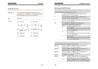 APPENDIX 
G j C G j 
D  tan 90    1 
131 
Angle (θ) Formula 
Background The Angle (θ) measures the phase on which 
Impedance (Z), Admittance (Y), Quality factor (Q), 
and Dissipation factor (D) are measured. 
Type Angle (θ) 
Formula Z R jX S   
R j L R j 
C 
 
     
Q 1 
1  
 
   
R Z cos S  
X Z sin S  
  D 
tan 90 
Y G jB P   
L 
 
     
  
Q 
G Y cos P  
B Y sin P  
LCR-800 User Manual 
Accuracy Definitions 
Primary Measurement Readout Error Formula 
C 2 counts±0.03%+0.02%[(1+Ka)# or (X/Ymax )# or 
132 
(Ymin/X)# ] (1+│D│)(1+Kb+Kc) 
R 2 counts±0.03%+0.02%[(1+Ka)# or (X/Ymax )# or 
(Ymin/X)# ] (1+│Q│)(1+Kb+Kc) 
L 2 counts±0.03%+0.02%[(1+Ka)#or(X/Ymax)#or(Ymin/X)# 
] (1+ 1 /│Q│)(1+Kb+Kc) 
|Z| Ze = Depends on whether the component is a 
capacitor(C), resistor(R) or inductor(L): 
Circuit Formula for relevant circuit 
C Ze = 2 counts± 
0.03%+0.02%[(1+Ka)#or(X/Ymax)#or(Ymin/X)# ] 
(1+│D│)(1+Kb+Kc) 
R Ze = 2 counts± 
0.03%+0.02%[(1+Ka)#or(X/Ymax)#or(Ymin/X)# ] 
(1+│Q│)(1+Kb+Kc) 
L Ze=2 counts± 
0.03%+0.02%[(1+Ka)#or(X/Ymax)#or(Ymin/X)#] 
(1+ 1 /│Q│)(1+Kb+Kc) 
Secondary Measurement Readout Error Formula 
D(C/D) 2counts±0.0003 + 0.0002[(1+Ka)# or (X/Ymax) # or 
(Ymin/X) #] (1+│D│+D²)(1+Kb+Kc) 
Q(R/Q) 2counts±0.0003 + 0.0002[(1+Ka) # or (X/Ymax) # or 
(Ymin/X) #] (1+│Q│+Q²)(1+Kb+Kc) 
Q(L/Q) 2counts±0.0003 + 0.0002[(1+Ka) # or (X/Ymax) # or 
(Ymin/X) #] (1+│Q│+Q²)(1+Kb+Kc) 
θ( Z/θ) θe=(180/π) x (Ze/100) 
R(C/R) D≧1 2counts + 0.02%[(1+Ka)* or (Rx/Rmax)* or 
(Rmin/Rx)*] (1+ 1/│D│)(1+Kb+Kc)+0.03% 
D≦1 2counts + 0.02%[(1+Ka)** or (Cx/Cmax)** or 
(Cmin/Cx)**] (1+ 1/│D│)(1+Kb+Kc)+0.03% 
 