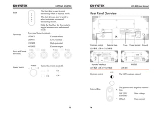 GETTING STARTED 
15 
Start 
The Start key is used to start 
measuring when in manual mode. 
The start key can also be used to 
select automatic or manual 
measuring modes. 
Hold the Start key for 3 seconds to 
toggle between auto and manual 
mode. 
Terminals 
Force and Sense terminals 
LFORCE Current return 
LSENSE Low potential 
HSENSE High potential 
HFORCE Current output 
Force and Sense 
terminals 
Power Switch 
Turns the power on or off. 
On 
Off 
LCR-800 User Manual 
Rear Panel Overview 
LCR-819, LCR-817, LCR-816 
16 
O_BIN_13 
O_BIN_10 
O_BIN_11 
O_BIN_12 
O_BIN_7 
O_BIN_8 
O_BIN_9 
O_BIN_5 
O_BIN_6 
O_BIN_3 
O_BIN_4 
O_BIN_1 
O_BIN_2 
O_P_LO 
O_P_OVER 
GND 
VCC 
GND 
O_P_HI 
O_S_REJ 
O_EOM 
O_INDEX 
I_E_TRIG 
I_K_LOCK 
O_S_OVER 
LCR-829, LCR-827, LCR-826 LCR-821 
Contrast control 
The LCD contrast control 
External Bias 
The positive and negative external 
bias. 
30V (35V 
Max voltage 
tolerable) 
200mA Max current 
 