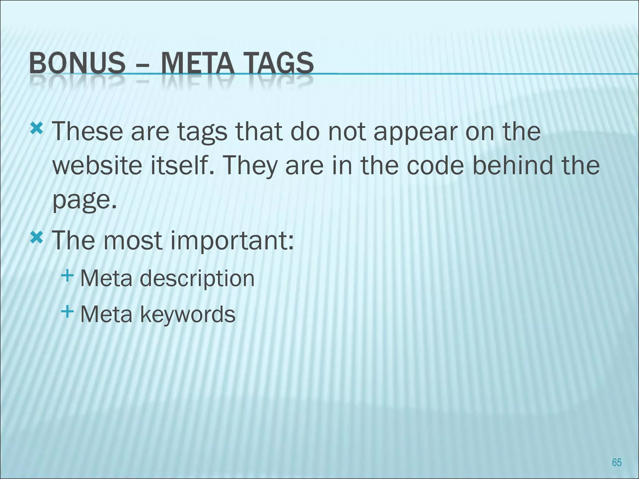 These are tags that do not appear on the website itself. They are in the code behind the page. The most important: Meta description Meta keywords 