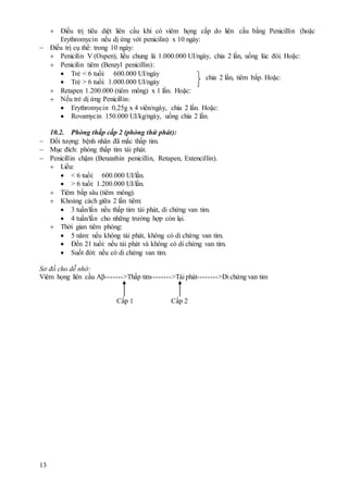 13
 Điều trị tiêu diệt liên cầu khi có viêm họng cấp do liên cầu bằng Penicillin (hoặc
Erythromycin nếu dị ứng với penicilin) x 10 ngày:
 Điều trị cụ thể: trong 10 ngày:
 Penicilin V (Ospen), liều chung là 1.000.000 UI/ngày, chia 2 lần, uống lúc đói. Hoặc:
 Penicilin tiêm (Benzyl penicillin):
 Trẻ < 6 tuổi: 600.000 UI/ngày
 Trẻ > 6 tuổi: 1.000.000 UI/ngày
 Retapen 1.200.000 (tiêm mông) x 1 lần. Hoặc:
 Nếu trẻ dị ứng Penicillin:
 Erythromycin 0,25g x 4 viên/ngày, chia 2 lần. Hoặc:
 Rovamycin 150.000 UI/kg/ngày, uống chia 2 lần.
10.2. Phòng thấp cấp 2 (phòng thứ phát):
 Đối tượng: bệnh nhân đã mắc thấp tim.
 Mục đích: phòng thấp tim tái phát.
 Penicillin chậm (Benzathin penicillin, Retapen, Extencillin).
 Liều:
 < 6 tuổi: 600.000 UI/lần.
 > 6 tuổi: 1.200.000 UI/lần.
 Tiêm bắp sâu (tiêm mông).
 Khoảng cách giữa 2 lần tiêm:
 3 tuần/lần nếu thấp tim tái phát, di chứng van tim.
 4 tuần/lần cho những trường hợp còn lại.
 Thời gian tiêm phòng:
 5 năm: nếu không tái phát, không có di chứng van tim.
 Đến 21 tuổi: nếu tái phát và không có di chứng van tim.
 Suốt đời: nếu có di chứng van tim.
Sơ đồ cho dễ nhớ:
Viêm họng liên cầu Aβ------->Thấp tim-------->Tái phát-------->Di chứng van tim
Cấp 1 Cấp 2
chia 2 lần, tiêm bắp. Hoặc:
 