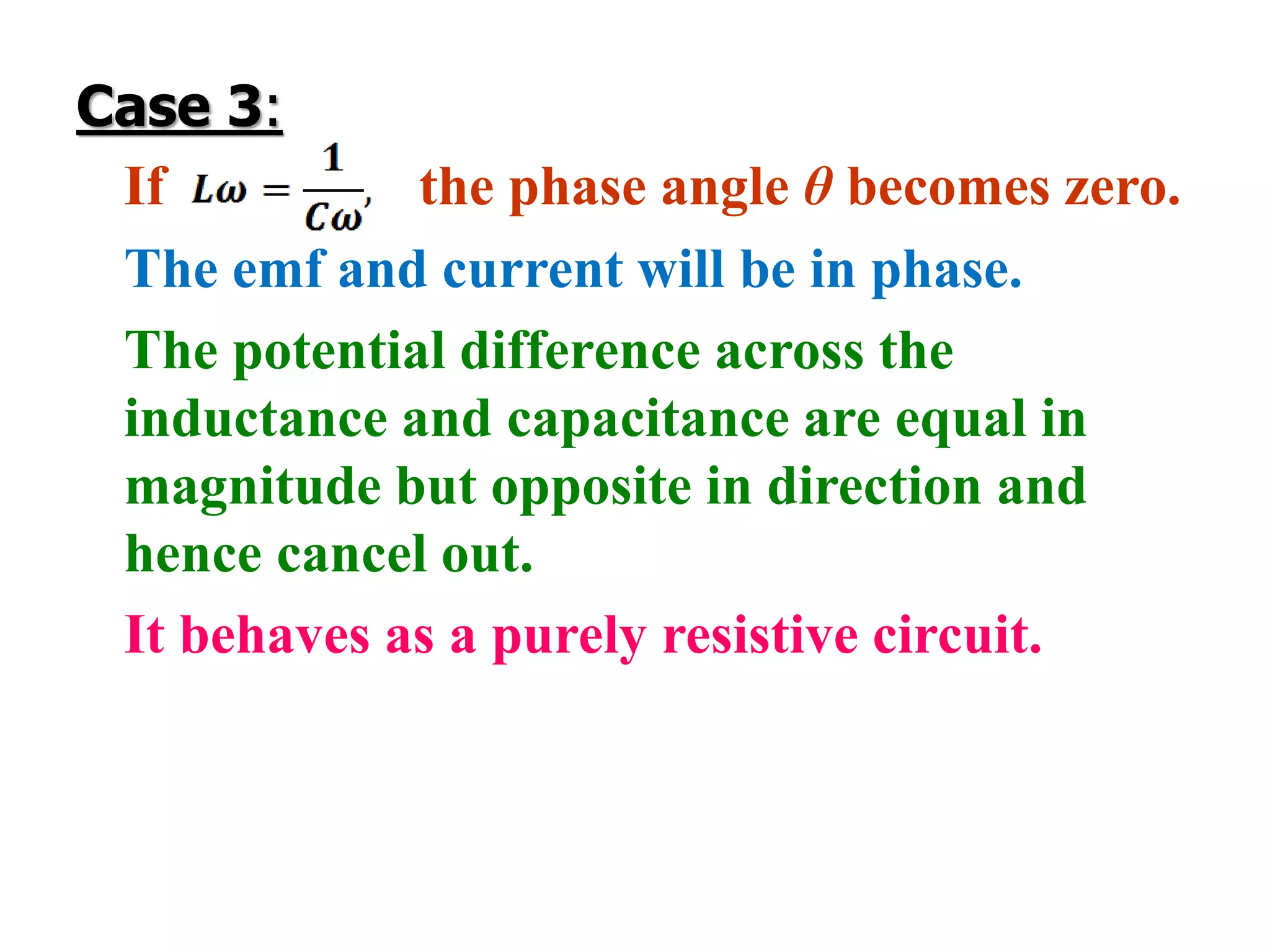 Case 3:
If the phase angle θ becomes zero.
The emf and current will be in phase.
The potential difference across the
inductance and capacitance are equal in
magnitude but opposite in direction and
hence cancel out.
It behaves as a purely resistive circuit.
 