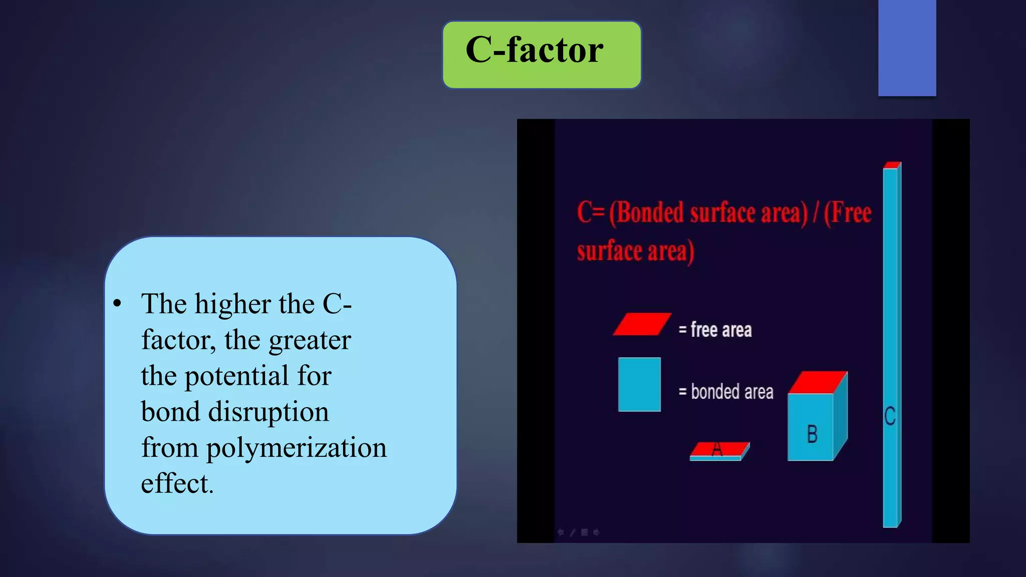 • The higher the C-
factor, the greater
the potential for
bond disruption
from polymerization
effect.
C-factor
 
