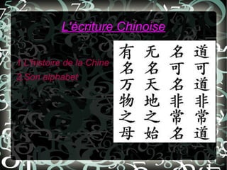 L'écriture Chinoise
1.L'histoire de la Chine
2.Son alphabet
.

 