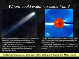 Where could water ice come from?




• Over the history of the Moon, when comets or   • Water molecules at lower latitudes may form
asteroids impact the Moon's surface, they        from interactions with hydrogen streaming out
briefly produce a very thin atmosphere that      in the solar wind.
quickly escapes into space.                      • These water molecules may get baked out of
• Any water vapor that enters permanently        the lunar soil and can then get trapped in polar
shadowed craters could condense and              craters.
concentrate there.

 (volatiles from comets, asteroids, IDPs, solar wind, GMCs, the Moon itself!)
 