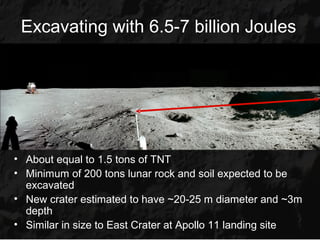 Excavating with 6.5-7 billion Joules




• About equal to 1.5 tons of TNT
• Minimum of 200 tons lunar rock and soil expected to be
  excavated
• New crater estimated to have ~20-25 m diameter and ~3m
  depth
• Similar in size to East Crater at Apollo 11 landing site
 