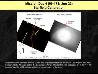 Mission Day 4 (09-173; Jun 22)
                            Starfield Calibration




Angular distance between αAquila (Altair) and γAquila (Tarazed) on the sky is 1.86 degrees and was
measured to be 46 pixels (along the diagonal) on NIR2. This confirmed a platescale of ~1.89/46 = 0.04
degrees/pixel for NIR2 (at least within the central region of the array).
 