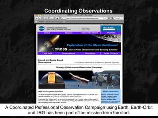 Coordinating Observations




A Coordinated Professional Observation Campaign using Earth, Earth-Orbit
          and LRO has been part of the mission from the start.
 