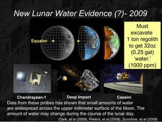 New Lunar Water Evidence (?)- 2009
                                                                           Must
                                                                        excavate
                                                                      1 ton regolith
                                                                       to get 32oz
                                                                        (0.25 gal)
                                                                         ‘water.’
                                                                       (1000 ppm)




    Chandrayaan-1             Deep Impact                       Cassini
Data from these probes has shown that small amounts of water
are widespread across the upper millimeter surface of the Moon. The
amount of water may change during the course of the lunar day.
                         Clark, et al (2009), Pieters, et al (2009), Sunshine, et al (2009)
 