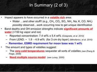 In Summary (2 of 3)

•   Impact appears to have occurred in a volatile rich area:
        • Water …and other stuff!! (e.g., CH4, CO2, SO2, NH3, Na, K, CO, NH2)
          possibly observed…work occurring now to get unique identification
•   Band depths and OH emission strengths indicate significant amounts of
    water (>150 kg vapor and ice)
     – Reported concentration: 7.4 wt% ± 5.4 wt% (Colaprete, et al. 2010)
     – From LEND: ~ 1.9 - 4.9 wt% (for 3 cm dry layer) (Mitrofanov, et al. 2010)
     – Remember, ESMD requirement for moon base was 1 wt%
•    The amount and types of volatiles suggest:
     – The very cold temperatures sequester all sorts of volatiles (see Zhang &
       Paige, 2009)
     – Need multiple source model (see Lucey, 2000)
 