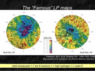 The “Famous” LP maps




                               Feldman, W.C. et al. Science 281, 1496-1500 (1998)
                            Map courtesy of D. Lawrence, Los Alamos National Laboratory.


(dark blue/purple <-> low # neutrons <-> high hydrogen <-> water?)
 