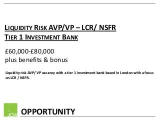 LIQUIDITY RISK AVP/VP – LCR/ NSFR
TIER 1 INVESTMENT BANK
£60,000-£80,000
plus benefits & bonus
Liquidity risk AVP/ VP vacancy with a tier 1 investment bank based in London with a focus
on LCR / NSFR.

OPPORTUNITY

 