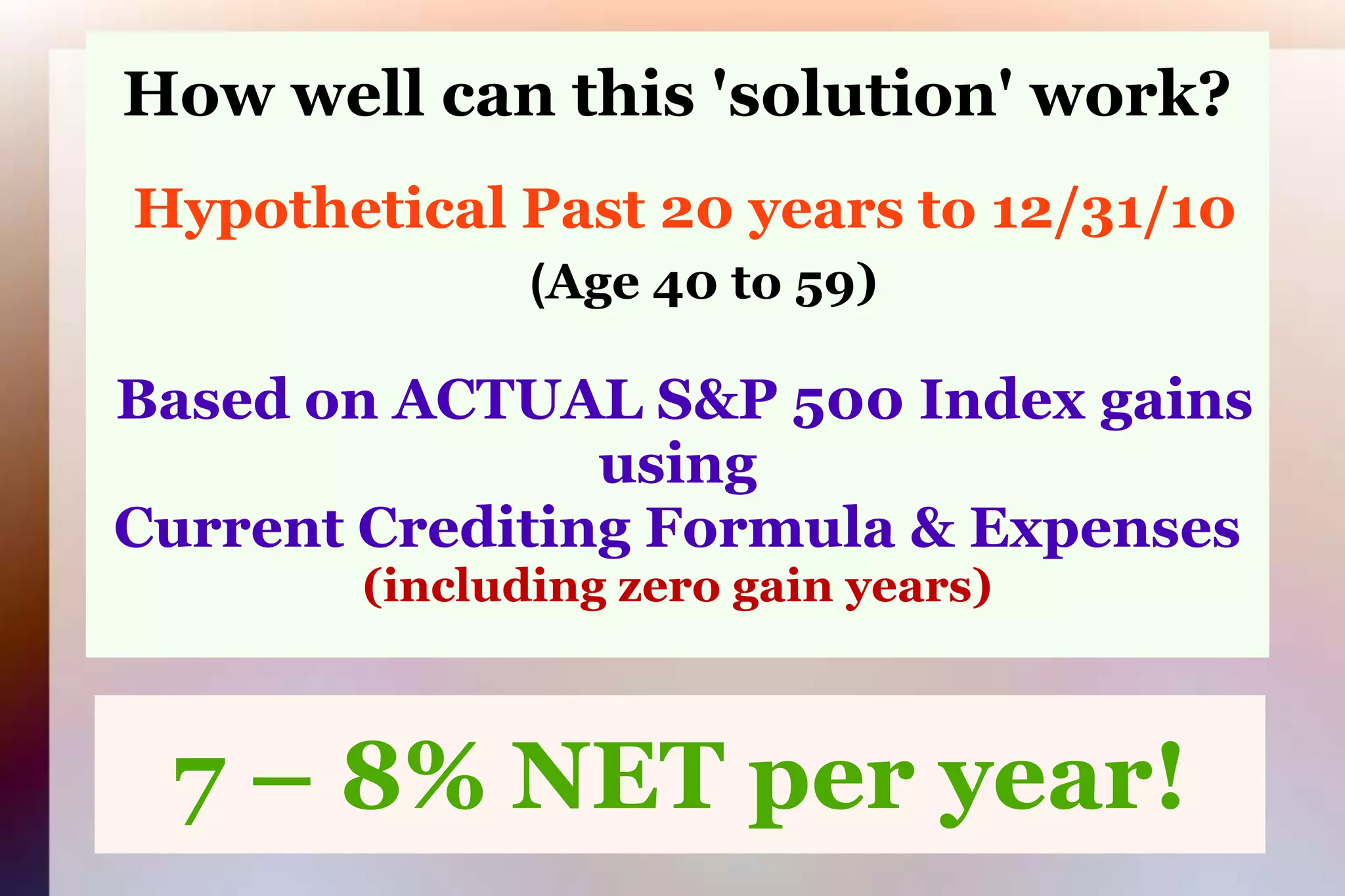 How well can this 'solution' work?Hypothetical Past 20 years to 12/31/10(Age 40 to 59) Based on ACTUAL S&P 500 Index gains usingCurrent Crediting Formula & Expenses(including zero gain years)7 – 8% NET per year!