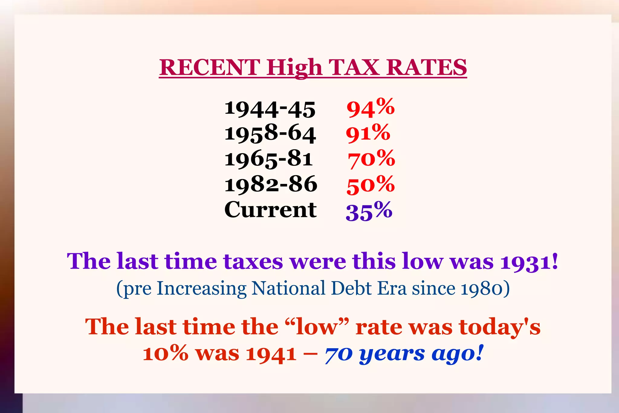 RECENT High TAX RATES								1944-4594%								1958-64     91%								1965-81      70%								1982-8650%							Current     35%The last time taxes were this low was 1931! (pre Increasing National Debt Era since 1980)The last time the “low” rate was today's10% was 1941 – 70 years ago!