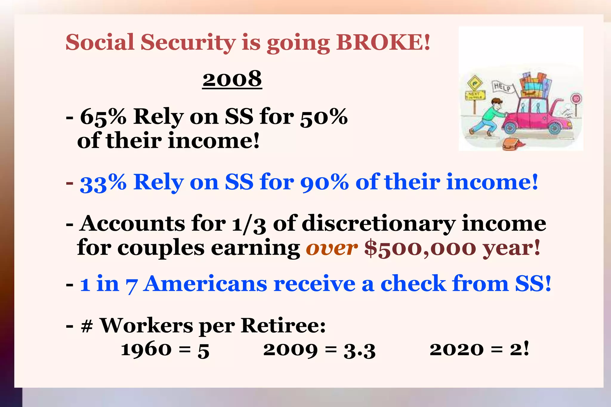        Social Security is going BROKE!2008        - 65% Rely on SS for 50%          of their income!        - 33% Rely on SS for 90% of their income!        - Accounts for 1/3 of discretionary income            for couples earning over $500,000 year!        - 1 in 7 Americans receive a check from SS!        - # Workers per Retiree:                    1960 = 5          2009 = 3.3          2020 = 2!