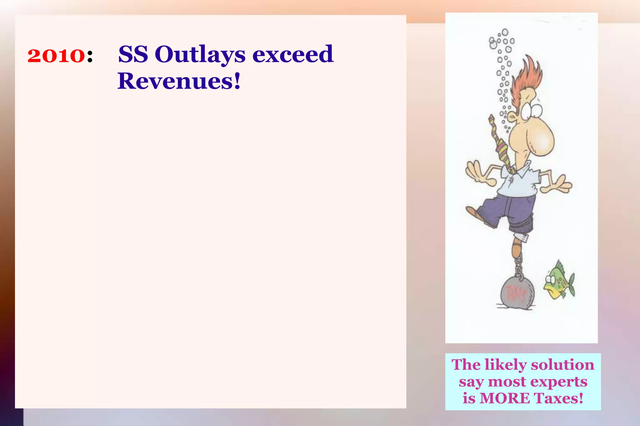 2010:SS Outlays exceed 			      Revenues!The likely solutionsay most expertsis MORE Taxes!