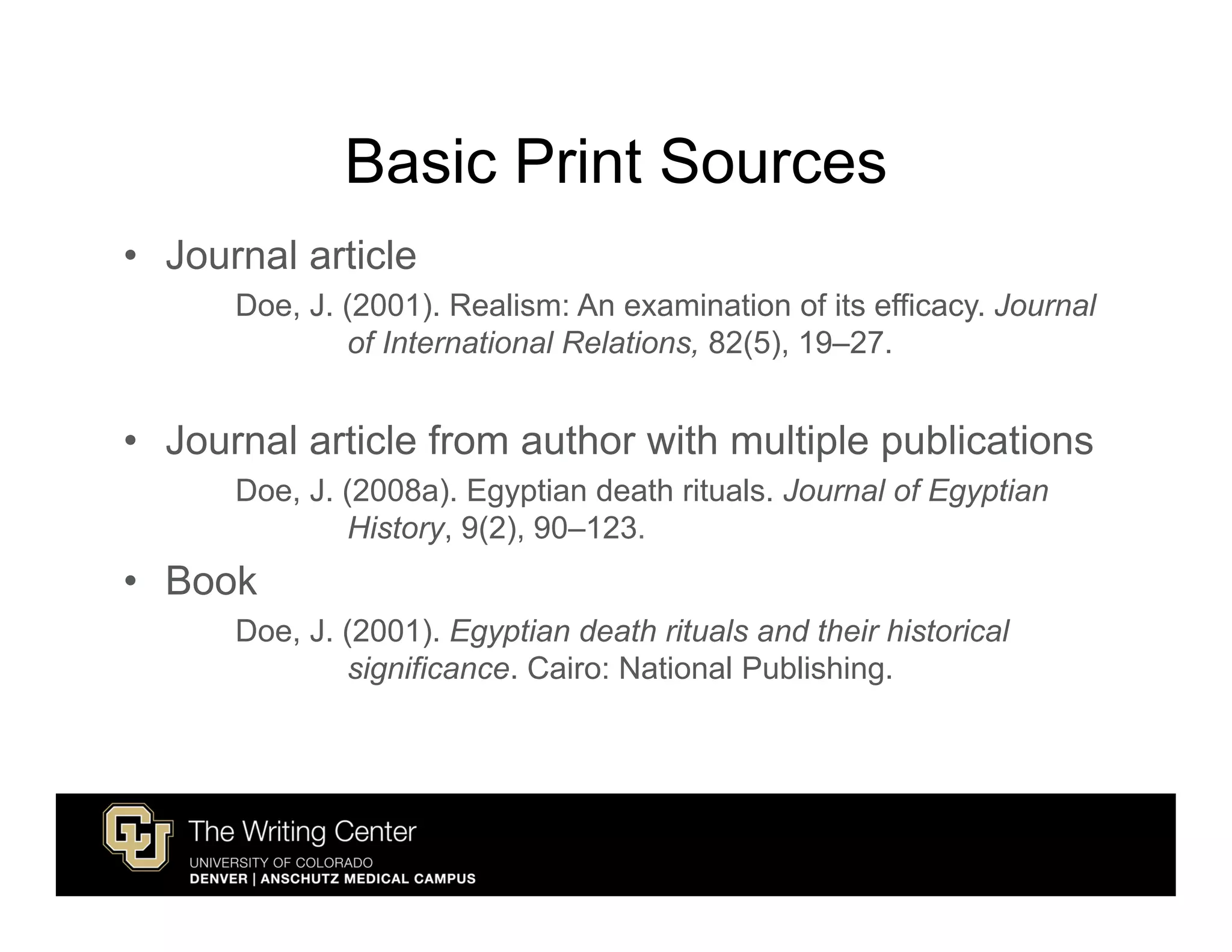 Basic Print Sources
• Journal article
      Doe, J. (2001). Realism: An examination of its efficacy. Journal
              of International Relations, 82(5), 19–27.


• Journal article from author with multiple publications
      Doe, J. (2008a). Egyptian death rituals. Journal of Egyptian
              History, 9(2), 90–123.
• Book
      Doe, J. (2001). Egyptian death rituals and their historical
              significance. Cairo: National Publishing.
 