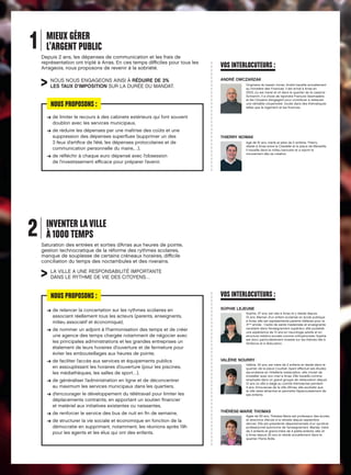 MIEUX GÉRER
L’ARGENT PUBLIC
Depuis 2 ans, les dépenses de communication et les frais de
représentation ont triplé à Arras. En ces temps difficiles pour tous les
Arrageois, nous proposons de revenir à la sobriété.

NOUS NOUS ENGAGEONS AINSI À RÉDUIRE DE 3%
LES TAUX D’IMPOSITION SUR LA DURÉE DU MANDAT.

NOUS PROPOSONS :

VOS INTERLOCUTEURS :
ANDRÉ OWCZARZAK
Originaire du bassin minier, André travaille actuellement
au ministère des Finances. Il est arrivé à Arras en
2003, s’y est marié et vit dans le quartier de la caserne
Schramm. Il a choisi de rejoindre François Desmazière
et les Citoyens s’engagent pour contribuer à restaurer
une véritable citoyenneté locale dans des thématiques
telles que le logement et les finances.

d
➔  e limiter le recours à des cabinets extérieurs qui font souvent
doublon avec les services municipaux,
d
➔  e réduire les dépenses par une maîtrise des coûts et une
suppression des dépenses superflues (supprimer un des
3 feux d’artifice de l’été, les dépenses protocolaires et de
communication personnelle du maire,…),
d
➔  e réfléchir à chaque euro dépensé avec l’obsession
de l’investissement efficace pour préparer l’avenir.

2

THIERRY NOWAK
Agé de 51 ans, marié et père de 2 enfants, Thierry
réside à Arras entre la Citadelle et la place de Marseille.
Il travaille dans le milieu bancaire et a rejoint le
mouvement dès sa création.

INVENTER LA VILLE
À 1000 TEMPS
Saturation des entrées et sorties d’Arras aux heures de pointe,
gestion technocratique de la réforme des rythmes scolaires,
manque de souplesse de certains créneaux horaires, difficile
conciliation du temps des noctambules et des riverains.

LA VILLE A UNE RESPONSABILITÉ IMPORTANTE
DANS LE RYTHME DE VIE DES CITOYENS…

NOUS PROPOSONS :
d
➔  e relancer la concertation sur les rythmes scolaires en
associant réellement tous les acteurs (parents, enseignants,
milieu associatif et économique),
d
➔  e nommer un adjoint à l’harmonisation des temps et de créer
une agence des temps chargée notamment de négocier avec
les principales administrations et les grandes entreprises un
étalement de leurs horaires d’ouverture et de fermeture pour
éviter les embouteillages aux heures de pointe,
d
➔  e faciliter l’accès aux services et équipements publics
en assouplissant les horaires d’ouverture (pour les piscines,
les médiathèques, les salles de sport…),
d
➔  e généraliser l’administration en ligne et de déconcentrer
au maximum les services municipaux dans les quartiers,
d
➔  ’encourager le développement du télétravail pour limiter les
déplacements contraints, en apportant un soutien financier
et matériel aux initiatives existantes ou naissantes,
d
➔  e renforcer le service des bus de nuit en fin de semaine,
d
➔  e structurer la vie sociale et économique en fonction de la
démocratie en supprimant, notamment, les réunions après 19h
pour les agents et les élus qui ont des enfants.

VOS INTERLOCUTEURS :
SOPHIE LEJEUNE
Sophie, 37 ans, est née à Arras et y réside depuis
10 ans. Maman d’un enfant scolarisé en école publique
à Arras, elle est représentante parents d’élèves pour la
3ème année . Cadre de santé masterisée et enseignante
vacataire dans l’enseignement supérieur, elle possède
une expérience de 13 ans en neurologie adulte et en
structure médico-sociale comme orthophoniste. Sophie
est donc particulièrement investie sur les thèmes liés à
l’enfance et à l’éducation.

VALÉRIE NOURRY
Valérie, 30 ans, est mère de 2 enfants et réside dans le
quartier de la place Courbet. Ayant effectué ses études
secondaires en hôtellerie restauration, elle choisit de
s’installer avec son mari à Arras. Elle travaille comme
employée dans un grand groupe de restauration depuis
12 ans où elle a siégé au comité d’entreprise pendant
4 ans. Amoureuse de la ville d’Arras, elle souhaite que
la ville reste attractive et permette l’épanouissement de
ses enfants.

THÉRÈSE-MARIE THOMAS
Agée de 65 ans, Thérèse-Marie est professeur des écoles
et directrice d’école à la retraite depuis septembre
dernier. Elle est présidente départementale d’un syndicat
professionnel autonome de l’enseignement. Mariée, mère
de 2 enfants et grand-mère de 4 petits-enfants, elle vit
à Arras depuis 35 ans et réside actuellement dans le
quartier Pierre Bolle.

 