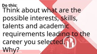 Life and Career Skills
Do this:
Think about what are the
possible interests, skills,
talents and academic
requirements leading to the
career you selected.
Why?
 
