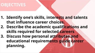 OBJECTIVES
1. Identify one’s skills, interests and talents
that influence career choices.
2. Describe the academic qualifications and
skills required for selected careers
3. Discuss how personal attributes and
educational requirements guide career
planning.
 