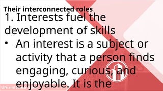 Life and Career Skills
Their interconnected roles
1. Interests fuel the
development of skills
• An interest is a subject or
activity that a person finds
engaging, curious, and
enjoyable. It is the
 