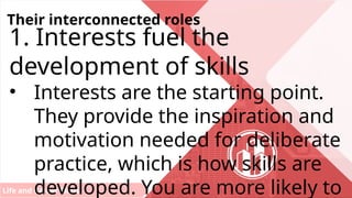 Life and Career Skills
Their interconnected roles
1. Interests fuel the
development of skills
• Interests are the starting point.
They provide the inspiration and
motivation needed for deliberate
practice, which is how skills are
developed. You are more likely to
 