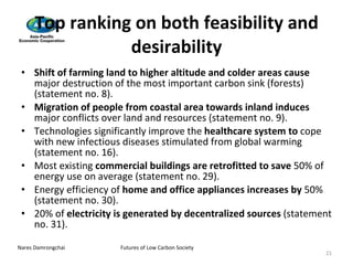 Top ranking on both feasibility and desirability Shift of farming land to higher altitude and colder areas cause  major destruction of the most important carbon sink (forests)  (statement no. 8). Migration of people from coastal area towards inland induces  major conflicts over land and resources (statement no. 9). Technologies significantly improve the  healthcare system to  cope with new infectious diseases stimulated from global  warming (statement no. 16). Most existing  commercial buildings are retrofitted to save  50% of energy use on average (statement no. 29). Energy efficiency of  home and office appliances increases by  50% (statement no. 30). 20% of  electricity is generated by decentralized sources  (statement no. 31). 