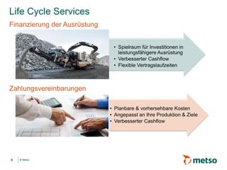 © Metso© Metso
Life Cycle Services
• Planbare & vorhersehbare Kosten
• Angepasst an Ihre Produktion & Ziele
• Verbesserter Cashflow
• Spielraum für Investitionen in
leistungsfähigere Ausrüstung
• Verbesserter Cashflow
• Flexible Vertragslaufzeiten
Finanzierung der Ausrüstung
Zahlungsvereinbarungen
6
 