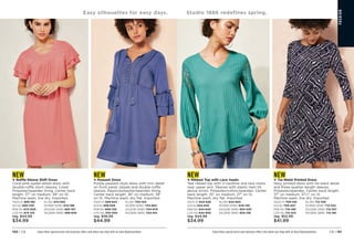 NEW
v Tie-Waist Printed Dress
Navy printed dress with tie-waist detail
and three-quarter-length sleeves.
Polyester/spandex. Center back length:
37 on medium; 371
⁄2 on 1X.
Machine wash, line dry. Imported.
XS(0-2) 
709-149	 XL(16) 
712-338
S(4-6) 

709-407	 1X(18W-20W) 
712-342
M(8-10) 

710-081	 2X(22W-24W) 712-357
L(12-14)712-323	 3X(26W-28W) 

712-361
reg. $52.99
$41.99
FA
S
HIO
N
Easy silhouettes for easy days. Studio 1886 redefines spring.
NEW
v Ruffle-Sleeve Shift Dress
Coral-pink eyelet-detail dress with
double-ruffle short sleeves. Lined.
Polyester/spandex lining. Center back
length: 37 on medium; 38 on 1X.
Machine wash, line dry. Imported.
XS(0-2) 
669-182	 XL(16) 
674-063
S(4-6) 

669-709	 1X(18W-20W) 
674-188
M(8-10) 

673-000	 2X(22W-24W) 682-197
L(12-14)673-215	 3X(26W-28W) 

699-639
reg. $44.99
$34.99
NEW
v Peasant Dress
Purple peasant-style dress with trim detail
on front panel, tassels and double-ruffle
sleeves. Rayon/polyester/spandex lining.
Center back length: 36 on medium; 38
on 1X. Machine wash, dry flat. Imported.
XS(0-2) 
699-643	 XL(16) 
700-103
S(4-6) 

699-658	 1X(18W-20W) 
704-864
M(8-10) 699-720	 2X(22W-24W) 704-879
L(12-14)700-050	 3X(26W-28W) 

704-921
reg. $56.99
$44.99
NEW
v Ribbed Top with Lace Insets
Teal ribbed top with V-neckline and lace insets
near upper arm. Sleeves with elastic hem hit
above wrists. Polyester/cotton/spandex. Center
back length: 25 on medium; 27 on 1X.
Machine wash, dry flat. Imported.
XS(0-2) 
644-626	 XL(16) 
644-850
S(4-6) 

644-630	 1X(18W-20W) 
645-130
M(8-10) 

644-645	 2X(22W-24W) 653-430
L(12-14)644-650	 3X(26W-28W) 

654-126
reg. $44.99
$34.99
Enjoy these special prices and exclusive offers only when you shop with an Avon Representative. Enjoy these special prices and exclusive offers only when you shop with an Avon Representative. C8 | 151
150 | C8
 