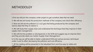METHODOLGY
1.First we will join the company under project to get ourselves data that we need.
2. We will see and study the production methods of the company and check their efficiency.
3. Now we will see the pollution (I. e co2 gas) that being produced by the company and
various step that they to reduce it.
4. We will study their supply chain and understand the technique that they improve in their
supply chain management.
5. We will find the problem or discrepancies in the SCM and suggest way to improve them
and they provide ideal Low Carbon Supply Chain Management.
6. In this way we will be able to better understand SCM and various process, techniques
under it and its effect decreasing the pollution and cost efficiency.
7. All the reading will be presented in the tabulated form and thus easy to relate and
differentiate.
 