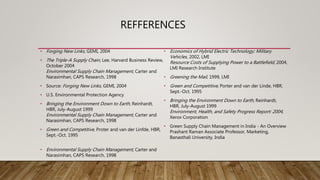 REFFERENCES
• Forging New Links, GEMI, 2004
• The Triple-A Supply Chain, Lee, Harvard Business Review,
October 2004
Environmental Supply Chain Management, Carter and
Narasimhan, CAPS Research, 1998
• Source: Forging New Links, GEMI, 2004
• U.S. Environmental Protection Agency
• Bringing the Environment Down to Earth, Reinhardt,
HBR, July-August 1999
Environmental Supply Chain Management, Carter and
Narasimhan, CAPS Research, 1998
• Green and Competitive, Proter and van der Linfde, HBR,
Sept.-Oct. 1995
• Environmental Supply Chain Management, Carter and
Narasimhan, CAPS Research, 1998
• Economics of Hybrid Electric Technology: Military
Vehicles, 2002, LMI
Resource Costs of Supplying Power to a Battlefield, 2004,
LMI Research Institute
• Greening the Mail, 1999, LMI
• Green and Competitive, Porter and van der Linde, HBR,
Sept.-Oct. 1995
• Bringing the Environment Down to Earth, Reinhardt,
HBR, July-August 1999
Environment, Health, and Safety Progress Report: 2004,
Xerox Corporation
• Green Supply Chain Management in India - An Overview
Prashant Raman Associate Professor, Marketing,
Banasthali University, India
 