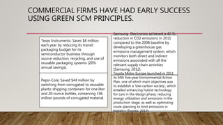 COMMERCIAL FIRMS HAVE HAD EARLY SUCCESS
USING GREEN SCM PRINCIPLES.
Texas Instruments: Saves $8 million
each year by reducing its transit
packaging budget for its
semiconductor business through
source reduction, recycling, and use of
reusable packaging systems (20%
annual savings).
Pepsi-Cola: Saved $44 million by
switching from corrugated to reusable
plastic shipping containers for one liter
and 20-ounce bottles, conserving 196
million pounds of corrugated material.
Samsung Electronics achieved a 40 %
reduction in CO2 emissions in 2011
compared to the 2008 baseline by
developing a greenhouse gas
emissions management system, which
monitors both direct and indirect
emissions associated with all the
relevant supply chain activities
(Samsung, 2012).
Toyota Motor Europe launched in 2011
its fifth five-year Environmental Action
Plan, one of which main objectives was
to establish a ‘low-carbon society’, which
entailed enhancing hybrid technology
for cars in the design phase, reducing
energy utilization and emissions in the
production stage, as well as optimizing
route planning to limit emissions in
logistics (Toyota, 2012).
 